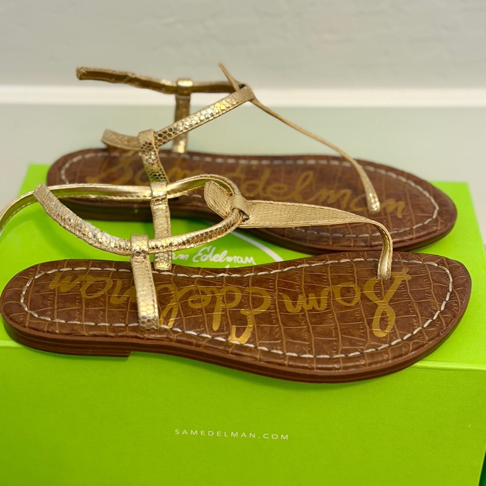 Sam Edelman Gold Metallic T-Strap Sandals